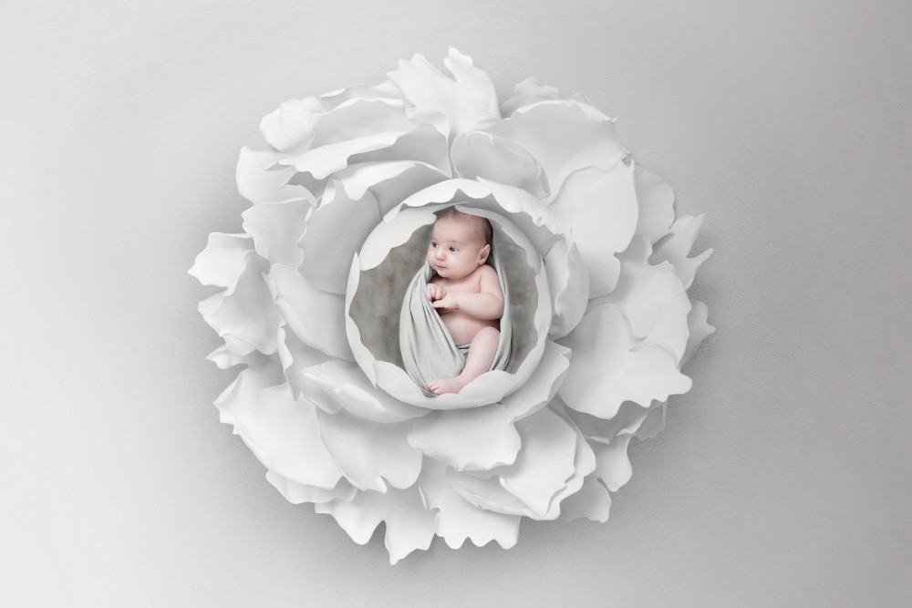 Newborn baby in white flower prop, artistic portrait for unique Essex newborn photography session