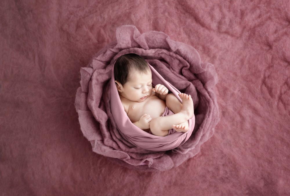 Swaddled newborn girl with pink rose petals, delicate floral baby portrait in Essex studio