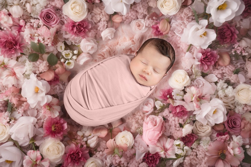Baby wrapped in pink with vibrant flowers, dreamy Essex newborn portrait