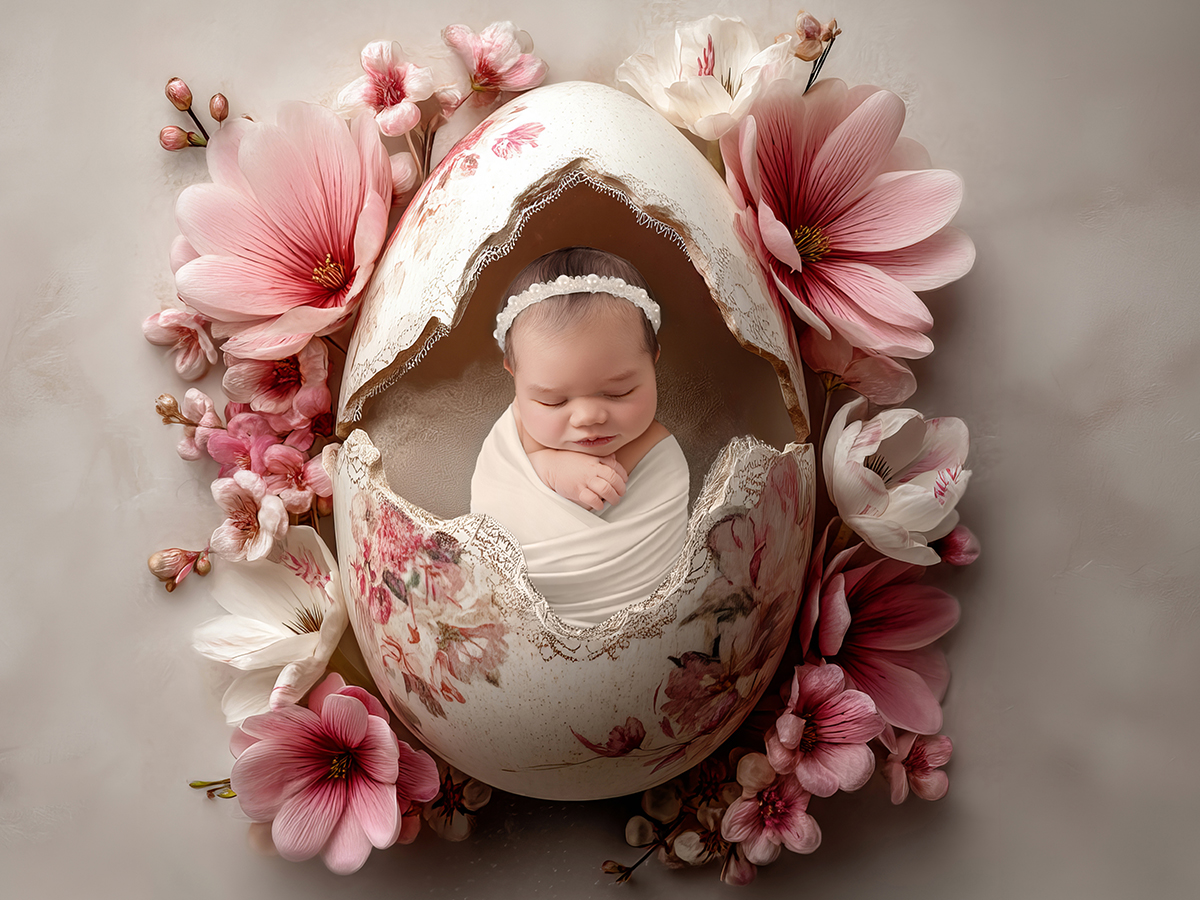 Creative newborn baby portrait styled inside a delicate floral egg shell concept, designed as a fine art print for Basildon Essex families