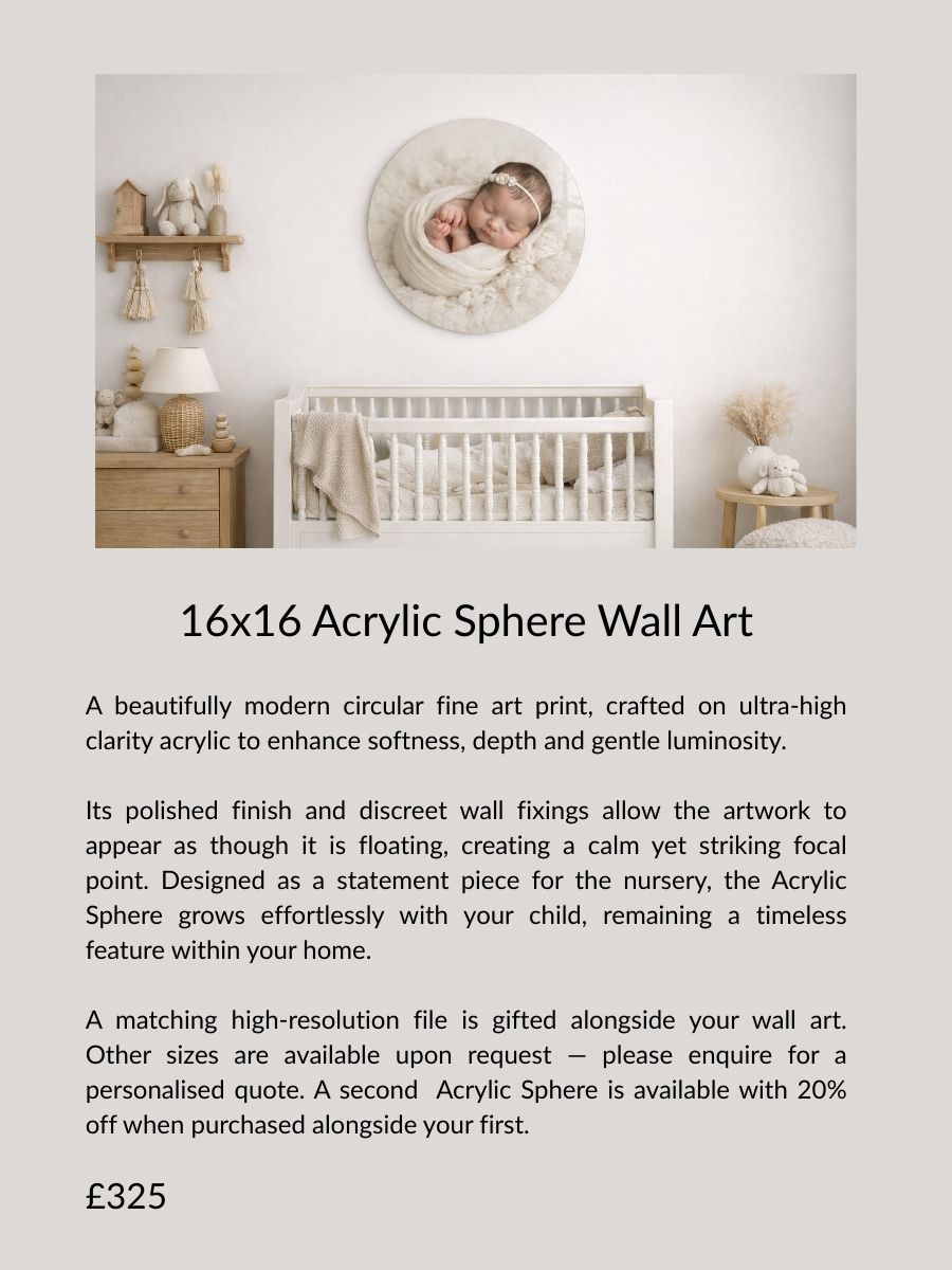 16x16 acrylic sphere wall art featuring a newborn portrait in a calm nursery setting, a modern heirloom piece from an Essex in-home newborn photographer.