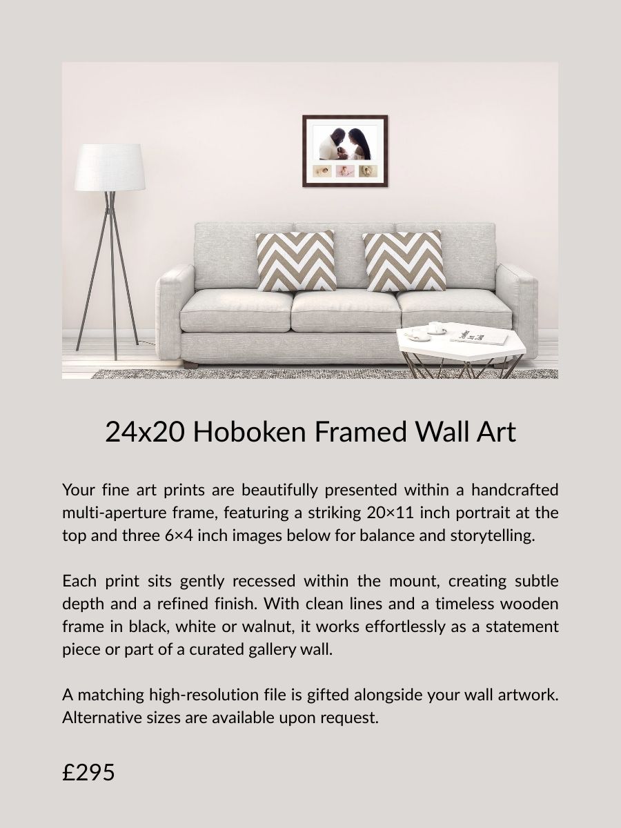 24x20 Hoboken multi-aperture framed wall art with one large portrait and three smaller images, curated storytelling artwork for Essex families.