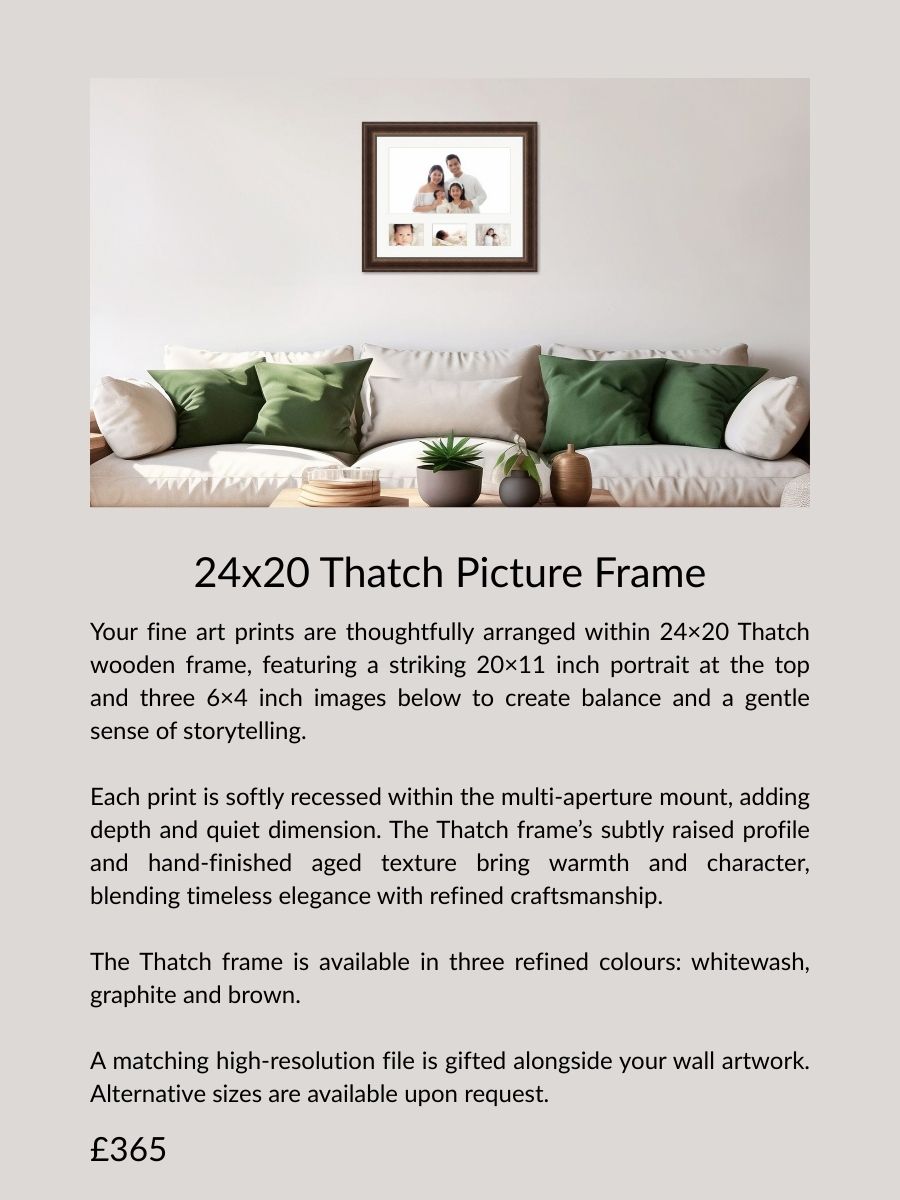 24x20 Thatch multi-aperture picture frame featuring a large portrait with three smaller fine art prints, timeless wall artwork for Essex newborn and maternity photography.