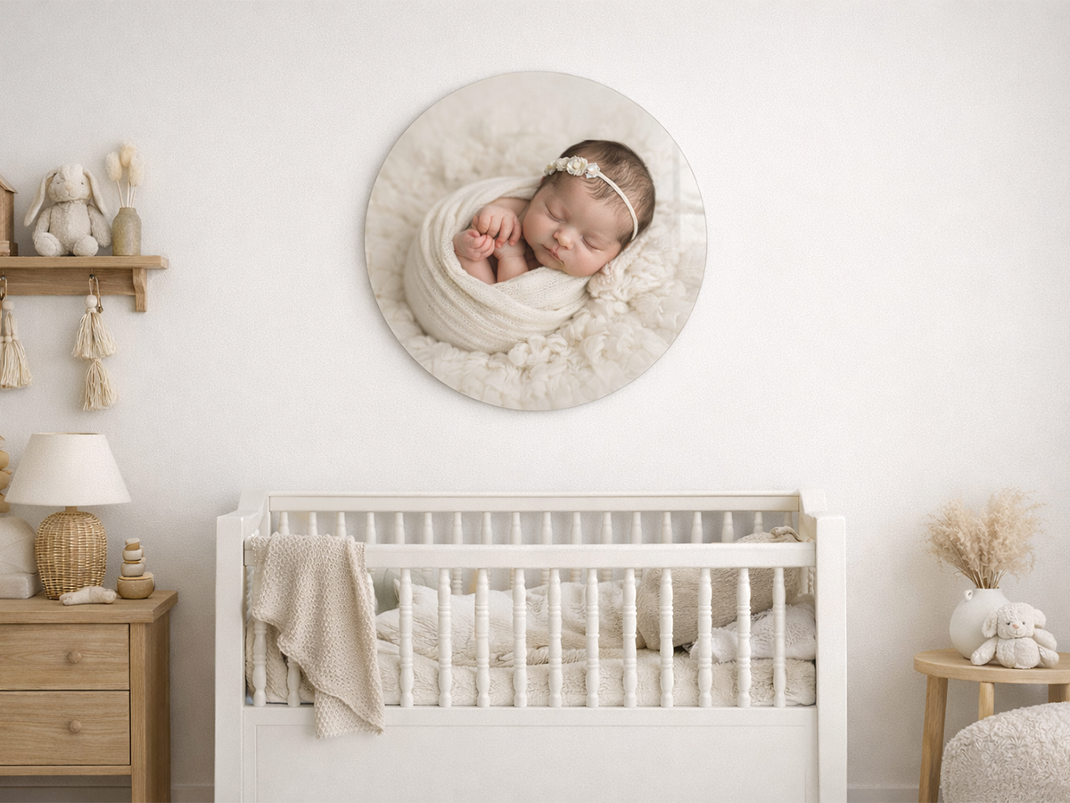 Newborn baby girl wrapped in soft cream tones displayed as a circular fine art wall print above a neutral nursery cot in Chelmsford Essex home